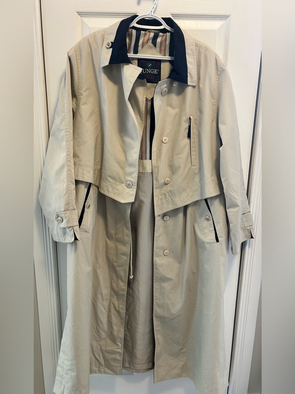 Vintage Junge of Denmark Light Beige Trench Coat with Navy Trim by